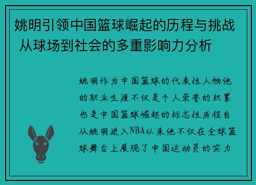 姚明引领中国篮球崛起的历程与挑战 从球场到社会的多重影响力分析